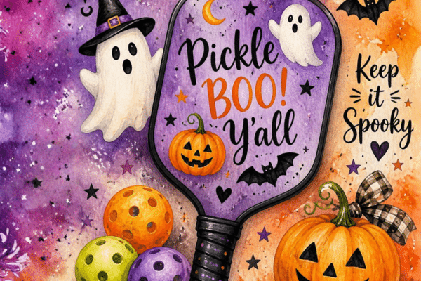 Halloween ghosts, pumpkins, and bats with Pickle BOO Yall and Keep it Spooky text on a colorful background.