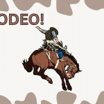 A cowboy rides a bucking horse with RODEO text on a cow-print background, evoking the spirit of the Lowcountry.