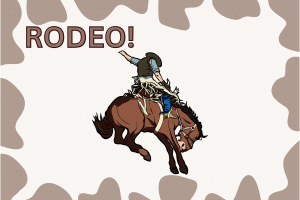 A cowboy rides a bucking horse with RODEO text on a cow-print background, evoking the spirit of the Lowcountry.