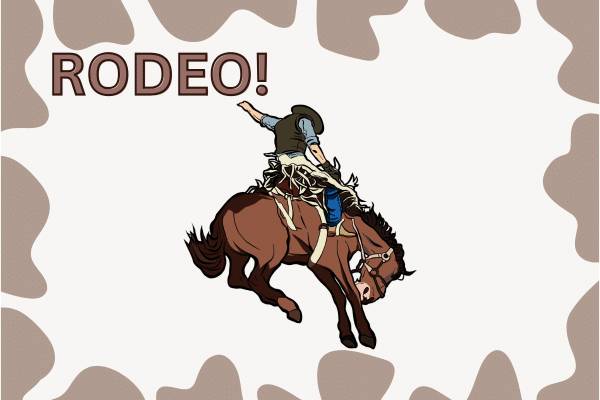 A cowboy rides a bucking horse with RODEO text on a cow-print background, evoking the spirit of the Lowcountry.