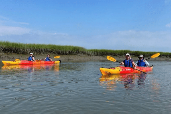 Four people kayak in pairs on calm water, wearing life vests and hats, with grassy land in the background. Coastal Expeditions has the perfect outing for your and your family.
