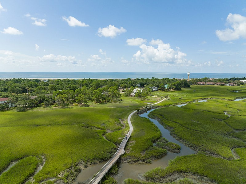 A wooden boardwalk winds through green marshland on Fripp Island toward the beach, with trees and a distant water tower visible.