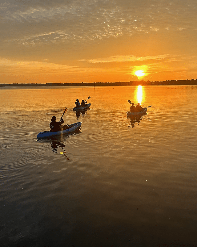 Three kayaks with people paddling on calm water at sunset, golden sky reflecting on the lake.