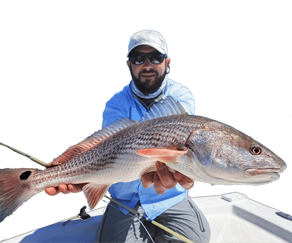 Person in sunglasses and a hat holding a large fish on a boat with a white background.