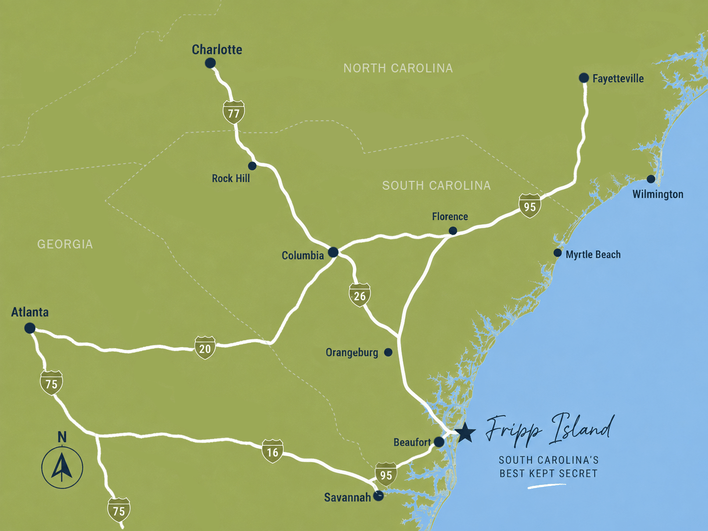Map showing routes from cities to Fripp Island, South Carolina, with labeled highways and major cities.