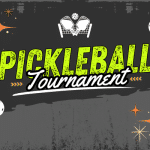 Pickleball Tournament text with paddles, balls, and star graphics on a dark background.
