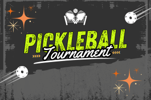Pickleball Tournament text with paddles, balls, and star graphics on a dark background.