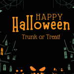 Happy Halloween Trunk or Treat Haunted houses, pumpkins, bats, spiderwebs, and moons on a dark background..