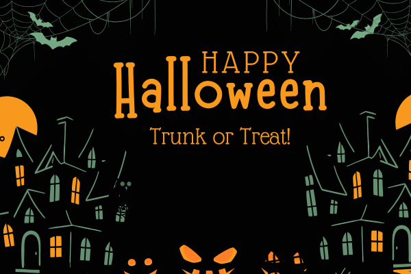 Happy Halloween Trunk or Treat Haunted houses, pumpkins, bats, spiderwebs, and moons on a dark background..