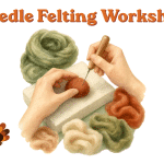 Hands needle felting wool on foam, surrounded by wool, with Needle Felting Workshop text and cartoon turkey.