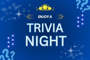 Blue graphic with Enjoy a Trivia Night text, question marks, sparkles, and a book icon at the top.