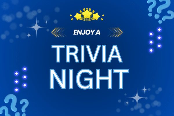 Blue graphic with Enjoy a Trivia Night text, question marks, sparkles, and a book icon at the top.