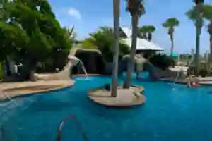 Outdoor pool with palm trees, rock formations, and water features under a bright blue sky.