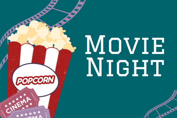A bucket of popcorn and two cinema tickets against a teal background with the text MOVIE NIGHT.